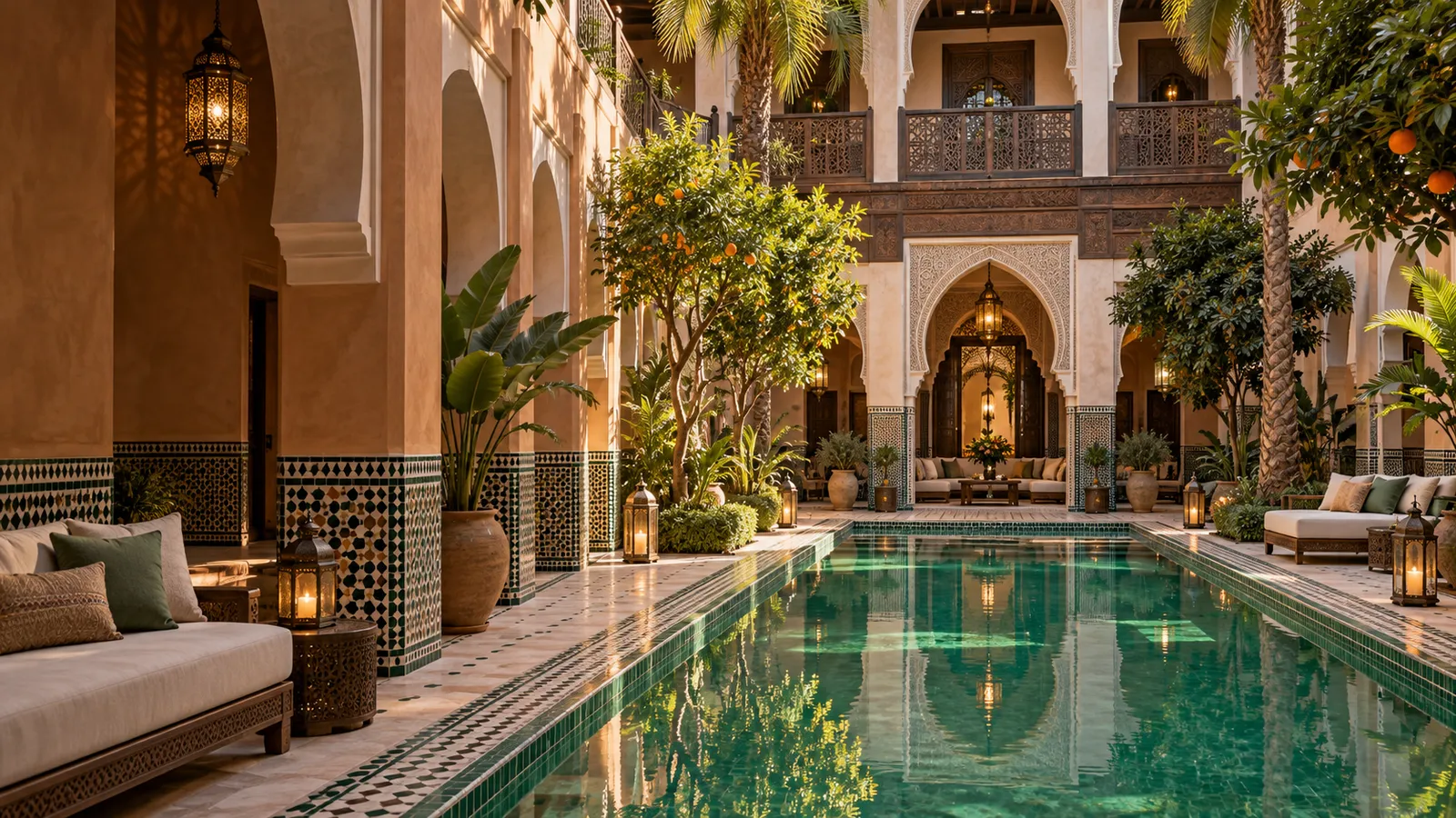 Patio de riad avec bassin, orangers et lanternes